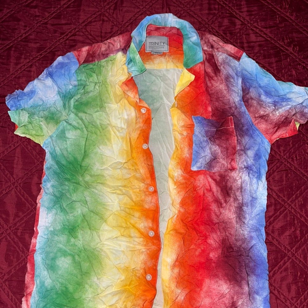 Rainbow button down shirt.